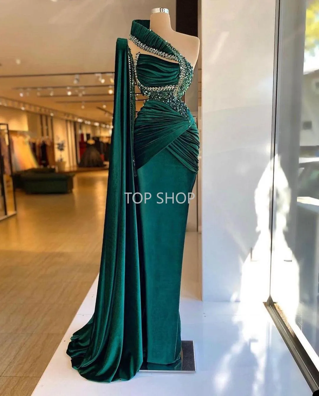 Arapça yeşil kadife deniz kızı gece elbiseleri seksi bir omuz boncuk yan bölünmüş uzun balo elbiseleri robes de 2022 ee