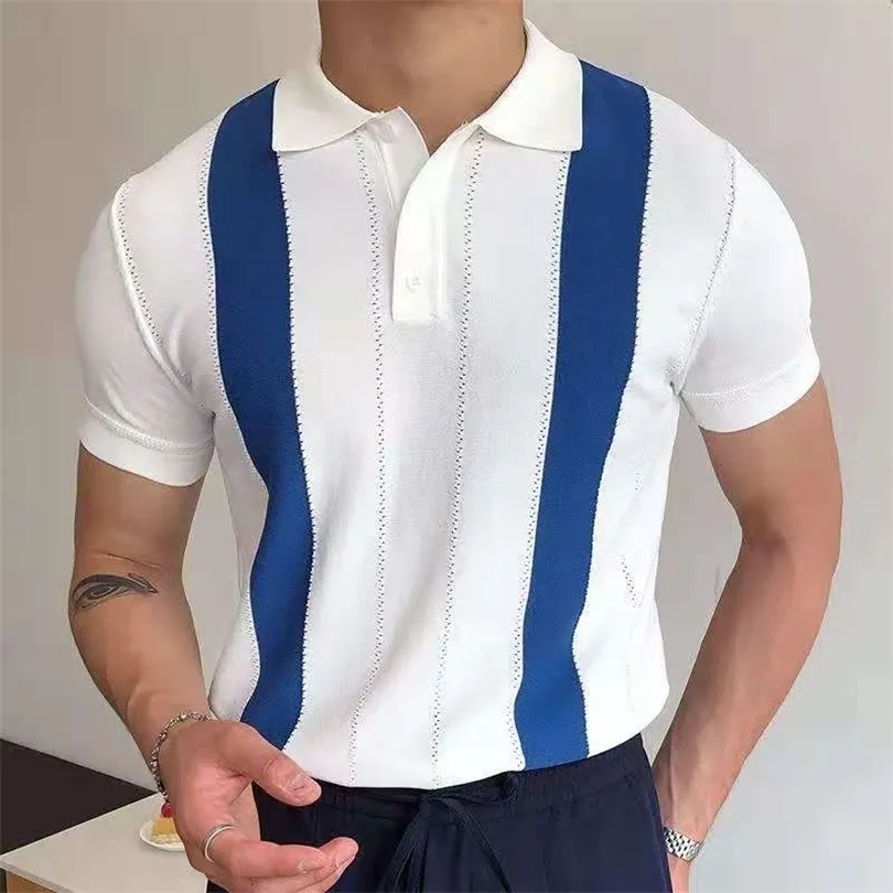 Vintage Polo Shirt Men Stripe Print Patchwork Knitting Casual Lapel Pullover Summer Fashion Men krótki rękaw Slim Polo Shirt 220708