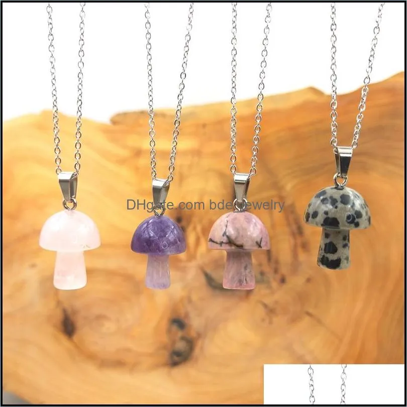 stainless steel chain mushroom pendant necklace natural stone crystal quartz healing energy necklace for women gift
