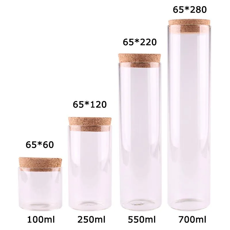 Frascos de armazenamento Frascos 4 pcs diâmetro 65mm 100ml / 250ml / 550ml / 700ml Tubo de ensaio de vidro transparente Terrário com rolha de cortiça Recipiente de garrafa de especiarias