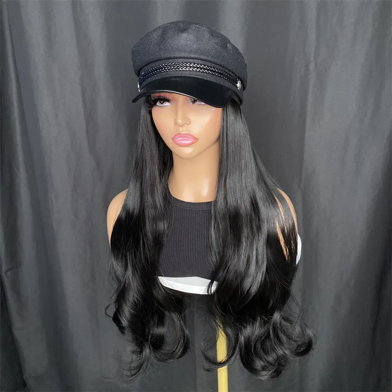 Black beret with wig Wavymy Straight Lady Beret Hat Wigs Beret Hat With Human  main image 4