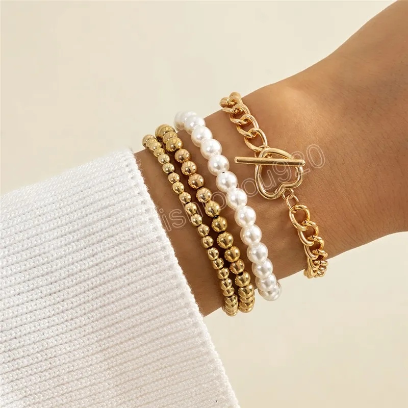 4Pcs/Set Gold Color Beads Pearl Chain Bracelet Set for Women Charm Heart Pendant Bangles Jewelry Gift