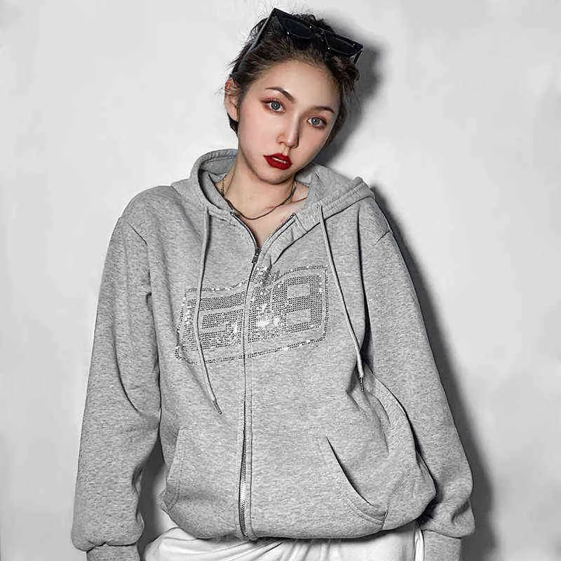 Vrouwen y2k rits överdimensionerade hoodies e-meisje vintage solid kort lange mouw zwart tröjor mode casual herfst outfits t220726