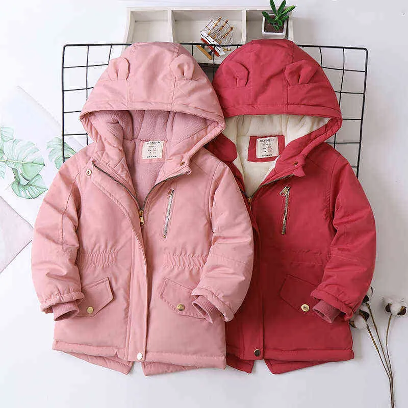 2021 New Keep Warm Plus Velvet Winter Girls Jacket Giacca da esterno con cappuccio spessa stile lungo per bambina Capispalla pesante carino J220718