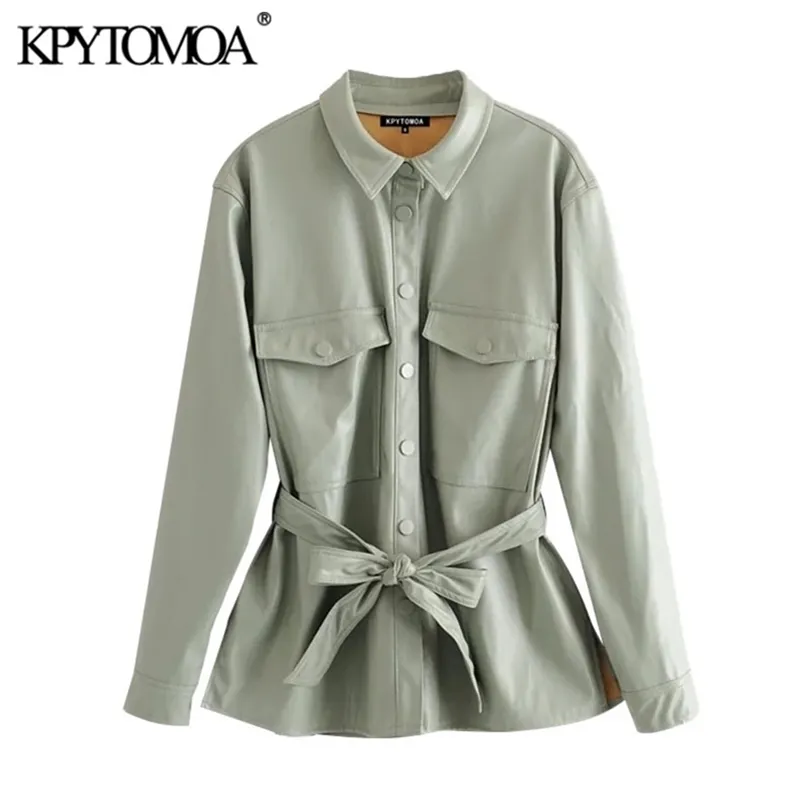 Kpytomoa Women Street Fashion Pu Fauxレザーベルトジャケットコートヴィンテージ長袖ポケット女性アウターウェアシックトップス201214