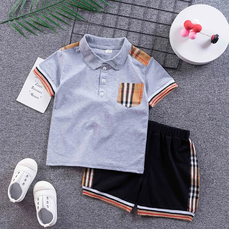 2pcs Toddler Boy Casual Plaid Striped Polo Shirt and Shorts Set