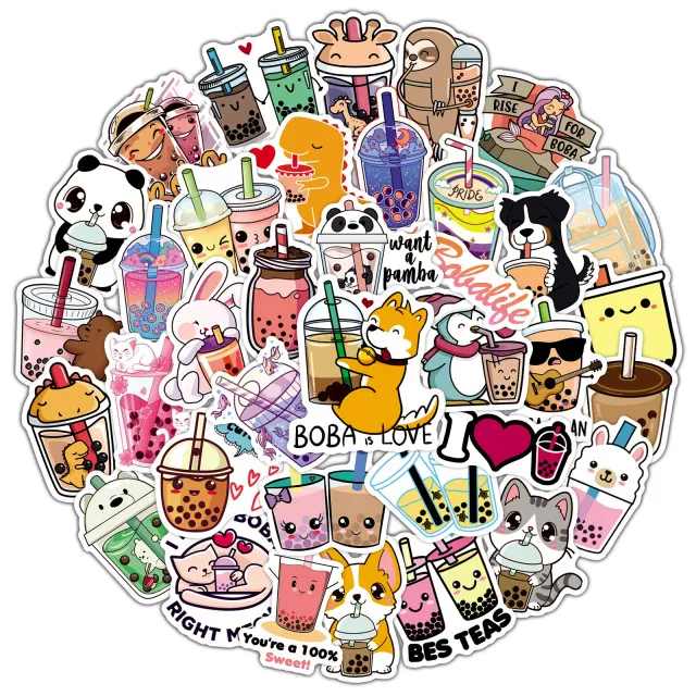 50 Cute Cartoon Pearl Milk Tea Aesthetic Stickers For Journal Pack