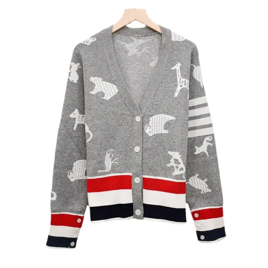 85% off online sale autumn winter new women's V-Neck long sleeve contrast stripe animal jacquard loose knit cardigan thick