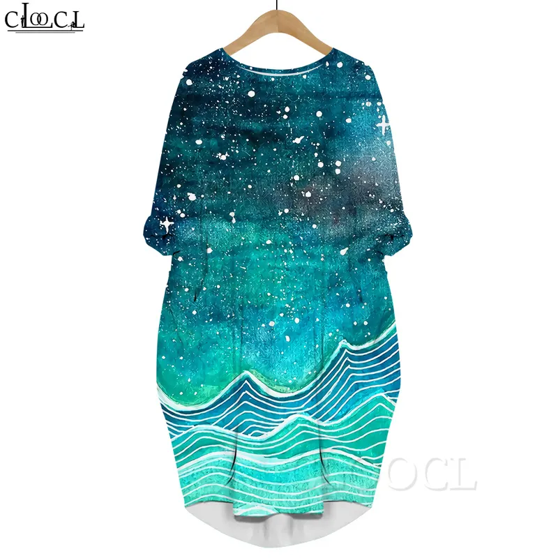 Women Starry Sea 3D Printed Dress Long Sleeve Gown Pocket Round Neck Dresses Fashion Summer Dresses Robe Loose Dress 220616