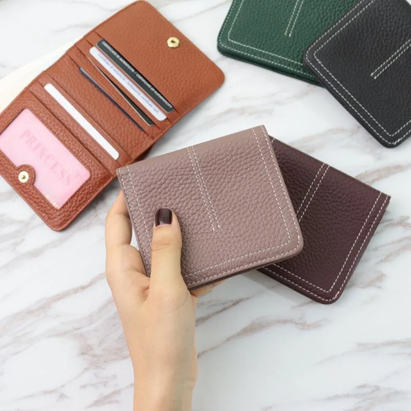 Wallets SS Ladies Slim Card Holders Genuine Cow Leather Contrast Stitching Utra Thin Women Short Purse HoldersWallets