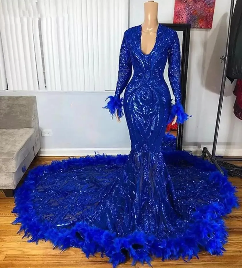 HOT! Sheer Long Sleeve Mermaid evening dresses aso ebi African Black Girls Royal Blue Sequined Long Prom Dress 2022 With Feather