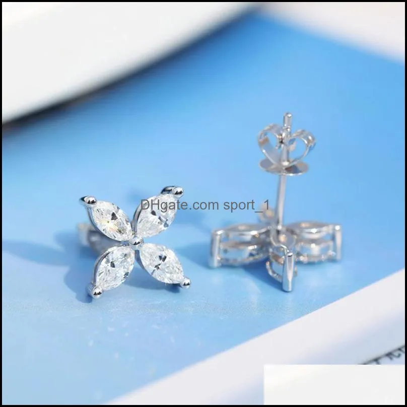 silver earrings with exquisite flowers white zircon stud earrings womens jewelry wedding eye olive zircon stud earrings