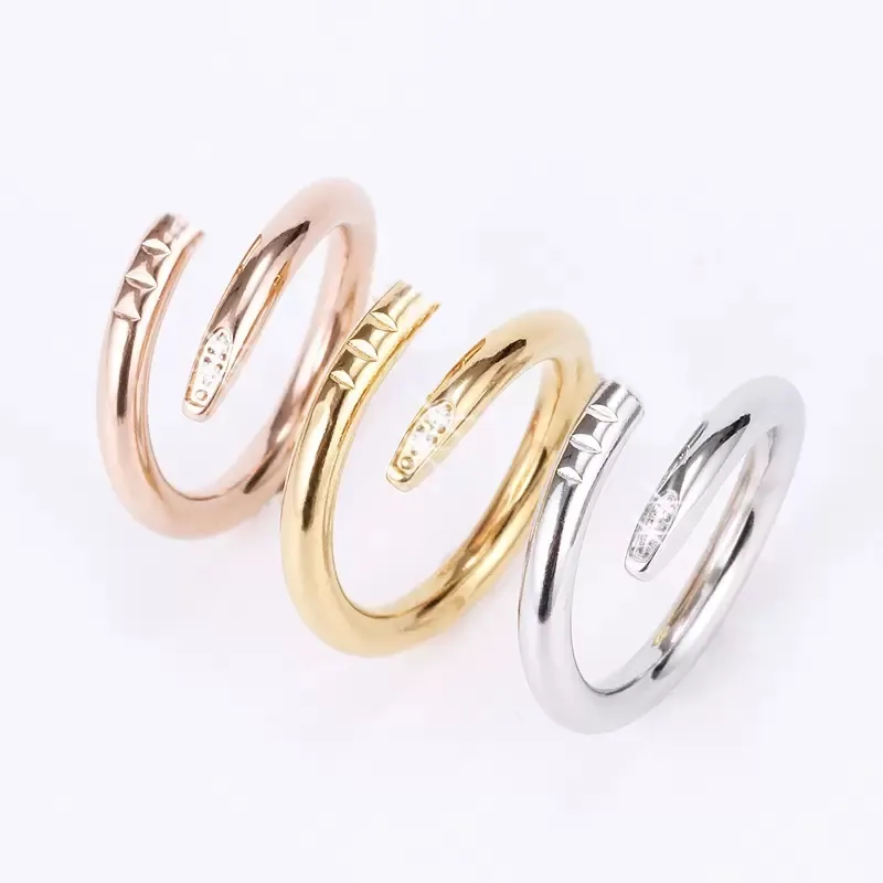 Band Tırnak Yüzükleri Aşk Yüzüğü Tasarımcı Takı Titanyum Çelik Gül Altın Gümüş Elmas CZ Boyutu Moda Klasik Çift Sevgilisi Kadın Erkek için Basit Düğün Nişan Hediyesi