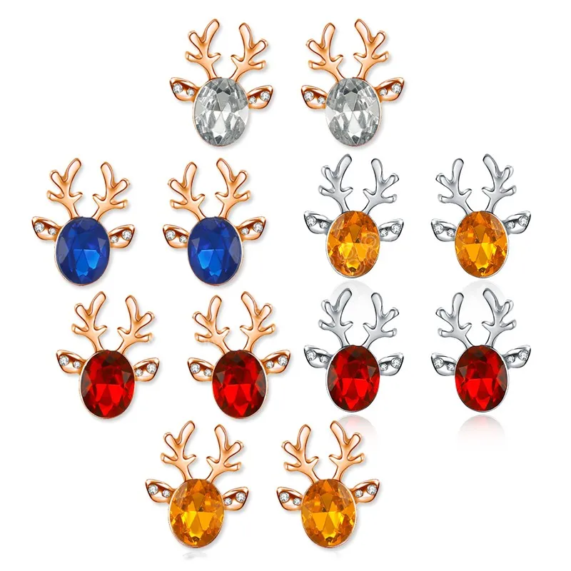 Colorful Crystal Elk Antler Stud Earrings for Women Christmas Reindeer Earrings Ear Accessories Party Jewelry Xmas Gift