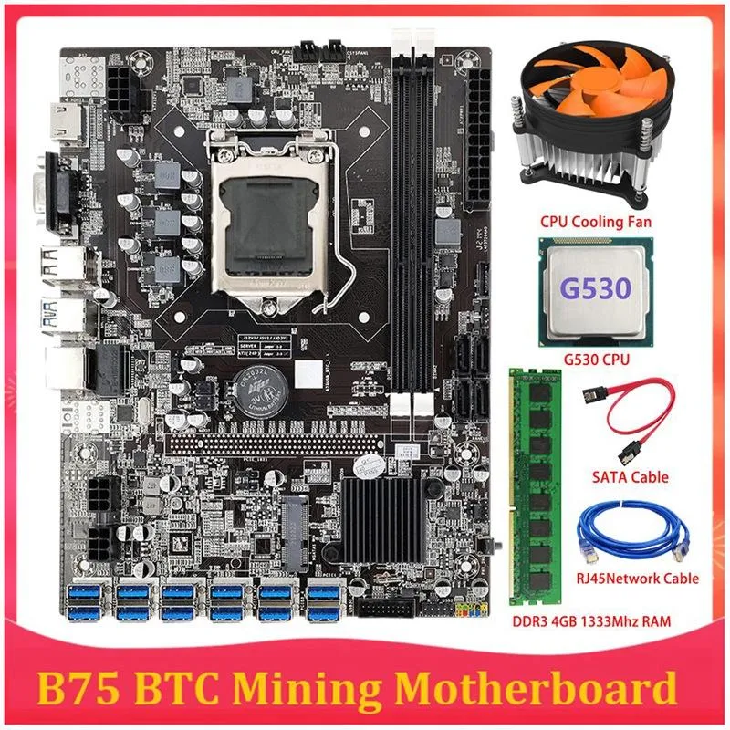 Płyty główne ETH ETH Mothera płyta główna 12 PCIE do USB LGA1155 z CPU G530 DDR3 4GB 1333 MHz RAM wentylator chłodzący B75 BTC Minermotherboards