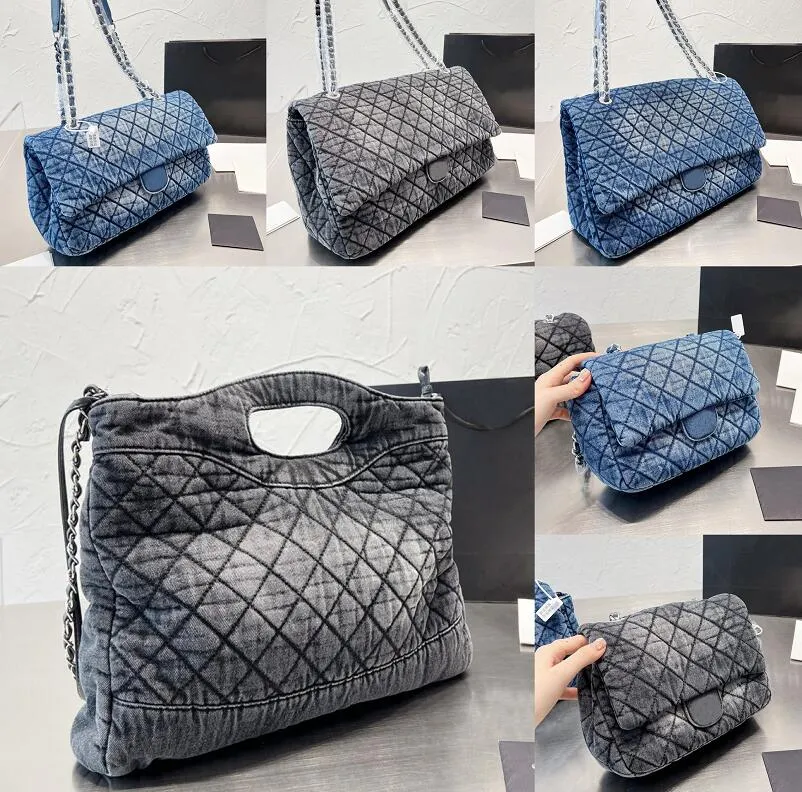 Mavi Gri Kot Tasarımcı Omuz Çantaları Yüksek Kaliteli Kovboy Zincir Tote Kadın Lüks Flap Elmas Kafes Cüzdan Crossbody Classics Debriyaj Tote Çanta