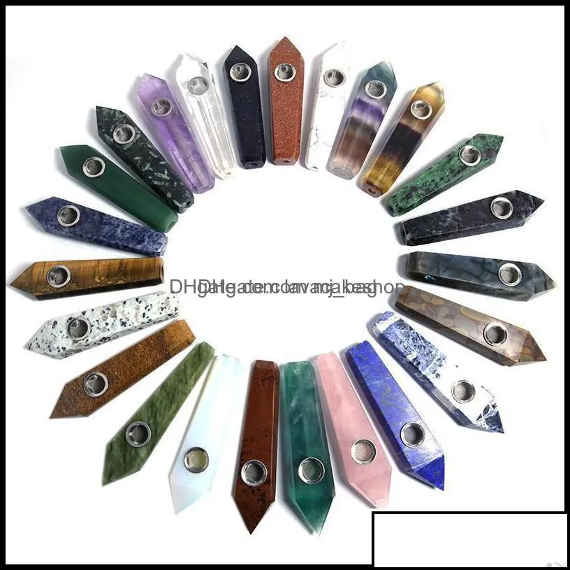 Complete Variety Natural Quartz Crystal Smoking Pipes Energy Stone Wand Healing Obelisk Tower Points Gemstone Tobacco Pipe W/Gift Box Drop