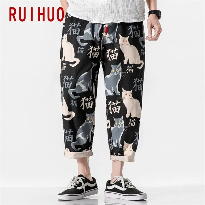 Ruihuo Cat Print Brouts Harem Driters Disual Baggy Pants Men Anklelelength sweatpants hip hop streetwear m5xl 220629