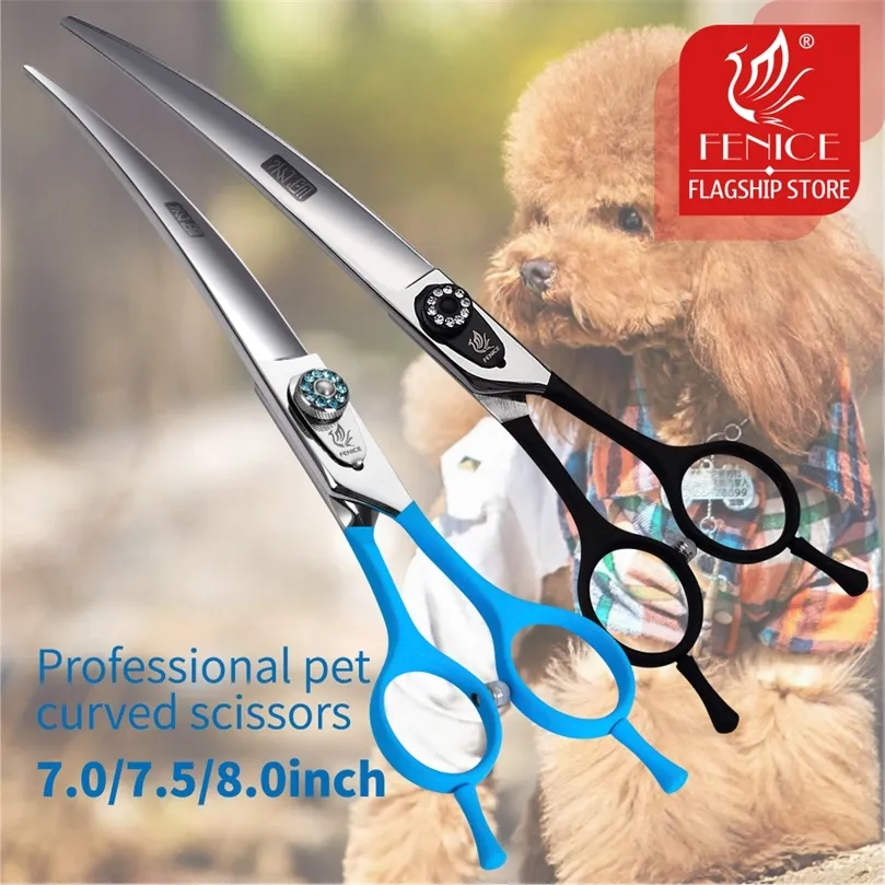 Fenice 7.0 7.5 8.0 inch professionele zwarte verzorgingsschaar gebogen afschuiving voor teddy/Pomeraniaanse honden Pet verzorgingstools JP 440C 220423