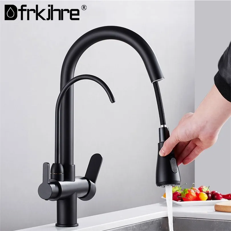 Filter Kitchen Faucet Matte Black Brass Kitchen Faucet With Pure Water Pull Out Style Kitchen Faucet Rotatble Hot Cold Crane T200805