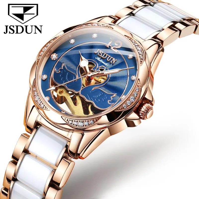 腕時計jsdun女性贅沢な自動機械式時計スケルトンデザインダイヤモンドwristwtachサファイアミラーセラミック付きステンレス鋼