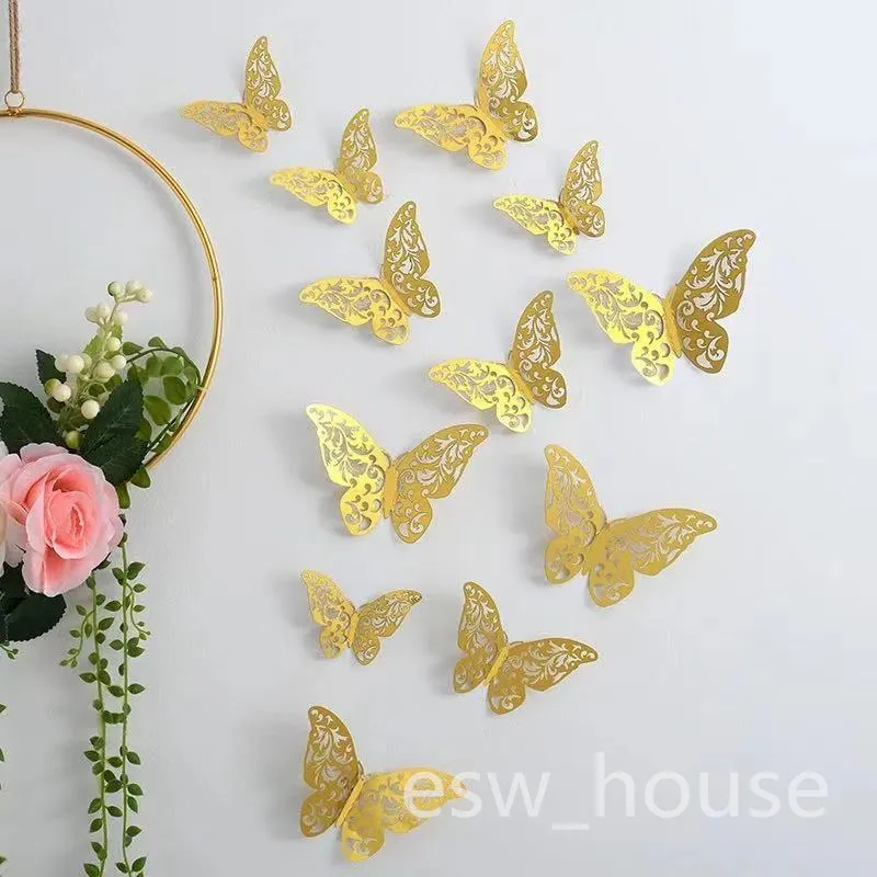 Gold Butterflies Decoraties Sticker 12 stks/Lot 3D Hollow Butterflies Stickers Diy Home Verwijderbare muurschildering Decoratie