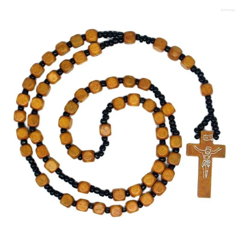 Perline di rosario in legno cubico INRI Gesù Croce Collane con ciondolo Gioielli religiosi di moda cristiana cattolica