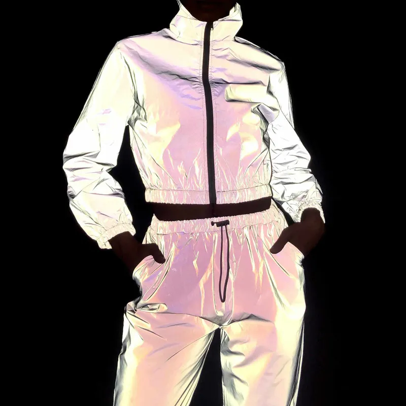 Women Tracksuit 2 قطعة مجموعة الهيب هوب العاكس محصول أعلى سراويل أزياء أنثى سحاب فضفاضة الرياح الرياح الرياح سترة الطلاء مجموعات المطابقة 220608