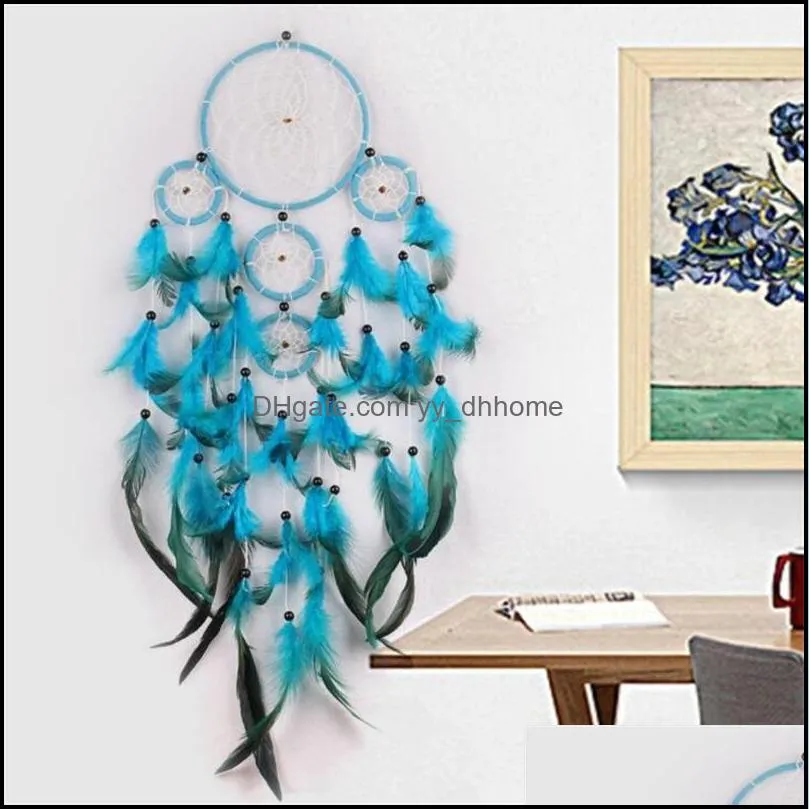 Handmade Dream Catcher Wind Chime Net Natural Feather Make Home Furnishing Ornament Decorate Blue Wall Hanging Delicate 11 5jy M2