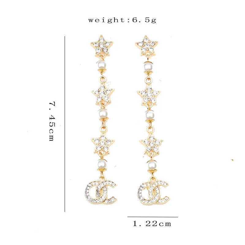 Enkel 18k guldpläterad lyxvarumärkesdesigners dubbla bokstäver Stud Dangle Hoop Geometric Women Long Tassel Crystal Rhinestone Pearl Earring Wedding Party Jewerlry