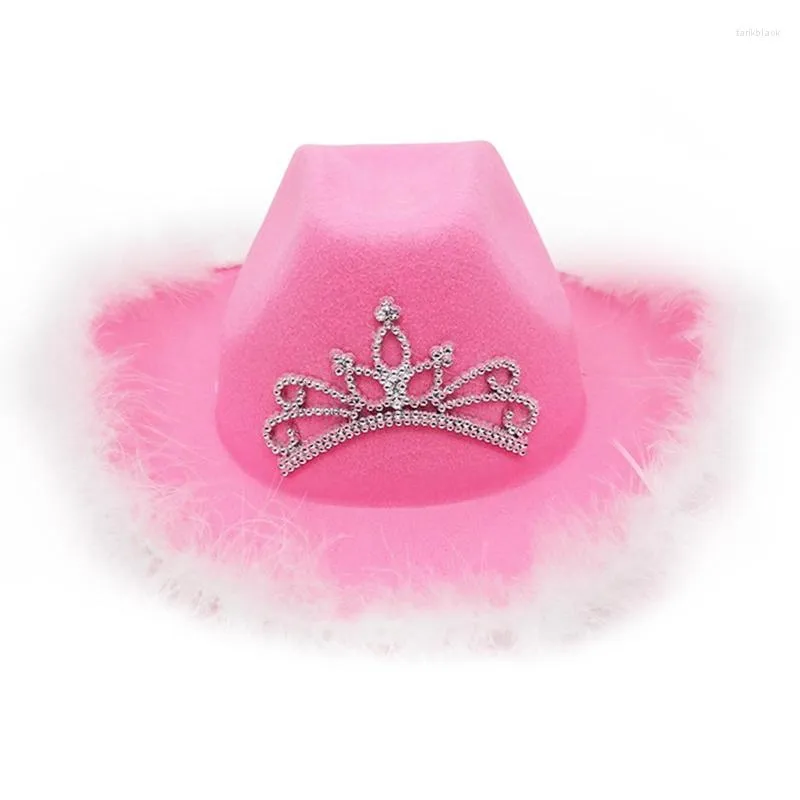 Berets Western Pink en witte cowgirl hoeden brede rand tiara decoraties opgerolde benodigdheden voor feest bruids fancy jurk rekwisieten tieners kinderbaren