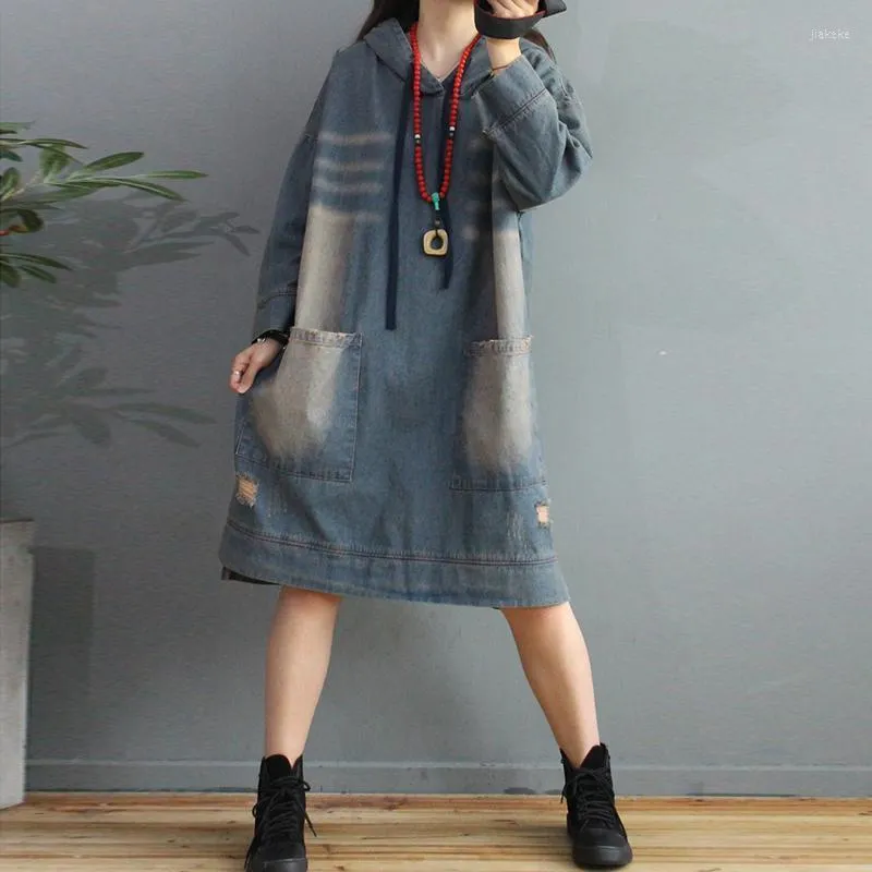 Women Do Old Denim Dress Casual 2022 Spring Loose Plus Size Hooded Female Holes Vintage Retro Dresses