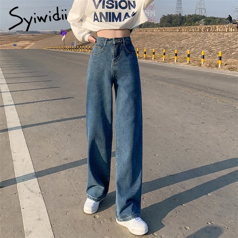 syiwidii女性のためのワイドレッグジーンズボトムデニムパンツハイウエストフル長服のズボンヴィンテージストリートウェア210302
