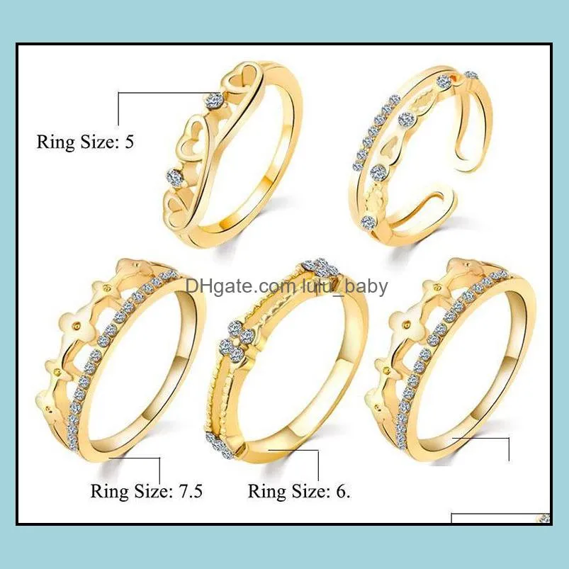 ring set silver band rings hot sale cz diamond crown finger rings for woman girl 5pcs/set silver jewelry wholesale free shipping