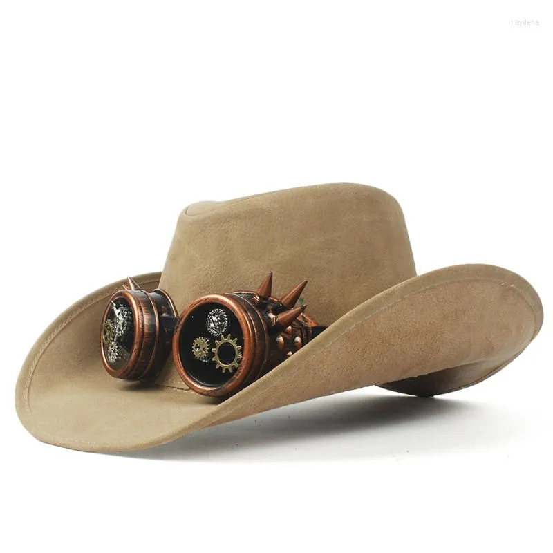 Bérets 100% cuir hommes Steampunk Western Cowboy chapeau Gentleman papa Punk lunettes Fedora Sombrero Hombre casquettes taille 58-59CMbérets