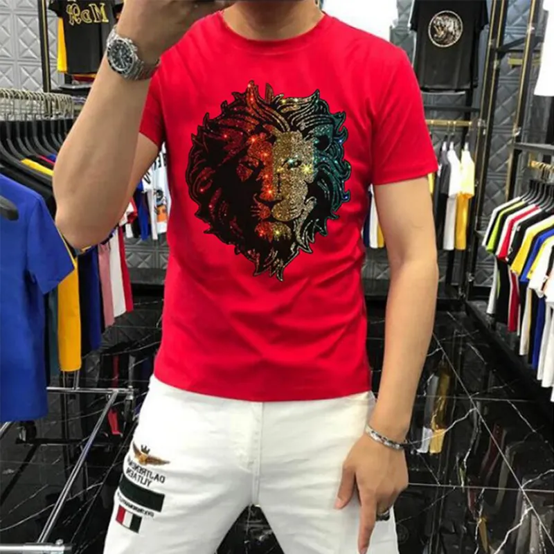 Fashion Hot Diamond Summer Short Sleeve Top Colorful Tiger Head Trend Slim Fit Meia Manga Juvenil Casual Bottom Shirt Algodão Tees Man Clothing