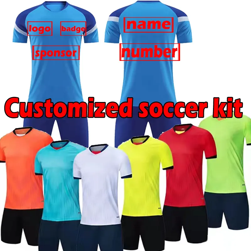 Custom Soccer Jerseys 2022 Anpassad logotyp Team Badge och sponsor Personlig Anpassning Fotbollskjortor Satser matchande strumpor Män Kids Jersey Kit Top