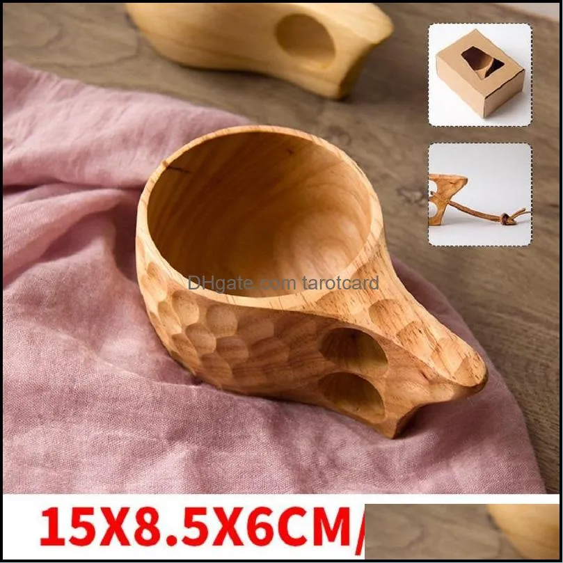 Nordic Style 4 Kinds Rubber Wood Cups with Handle Kuksa Wooden Coffee Mugs with Rope Handmade Two Holes Portable Drinking Water