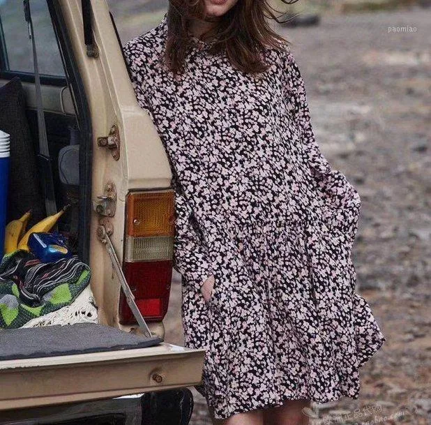 Casual Dresses Purple Tryckt något färgat blommor have veckad stor ärm lång lapel skjorta klänning kvinnor