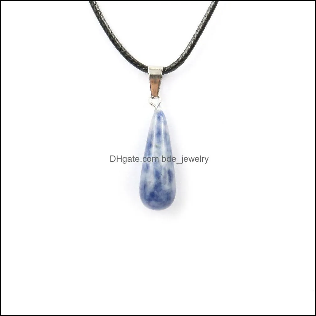 natural stone crystal quartz opal long water drop pendant & necklace leather chains for men women fashion jewelry