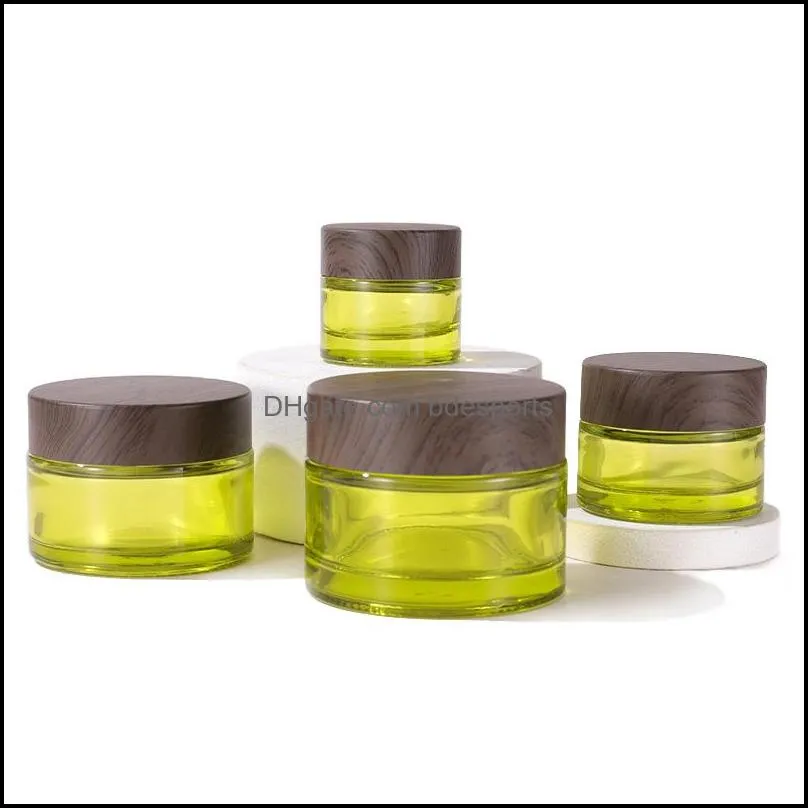 Olive Green Glass Cosmetic Jars Empty Makeup Sample Containers Bottle with Wood grain Leakproof Plastic Lids BPA free for Lotion,