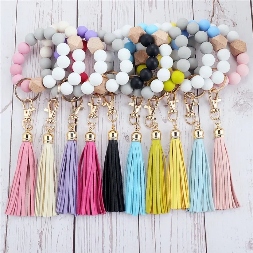 Porte-clés en perles de bois de Silicone pour femmes, Bracelet pendentif, avec accessoires de bijoux