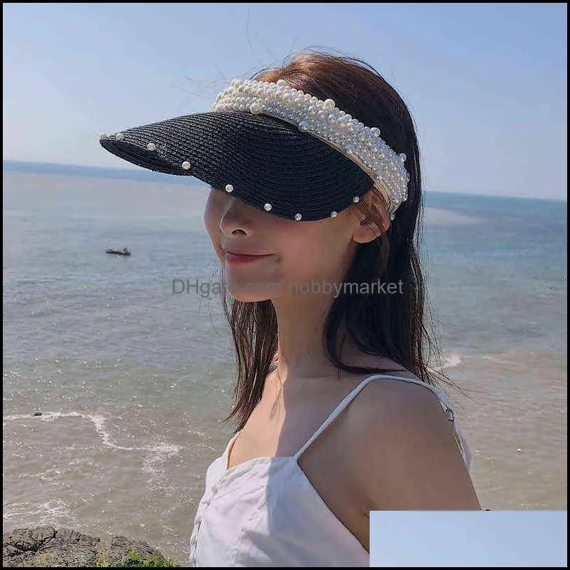واسعة بريم القبعات قبعات القبعات الأوشحة قفازات الأزياء والإكسسوارات 2021 جديد سانت قبعة إمرأة الصيف اليدوية diy بيرل شاطئ الشمس عارضة الظل فارغة