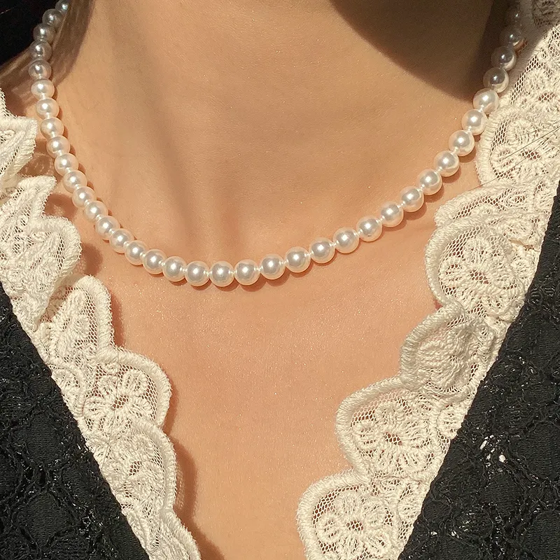 Elegant White Imitation Pearl Choker Necklace Big Round Pearl Wedding Bohemia Necklace for Women Girl's Charm Fashion Jewelry