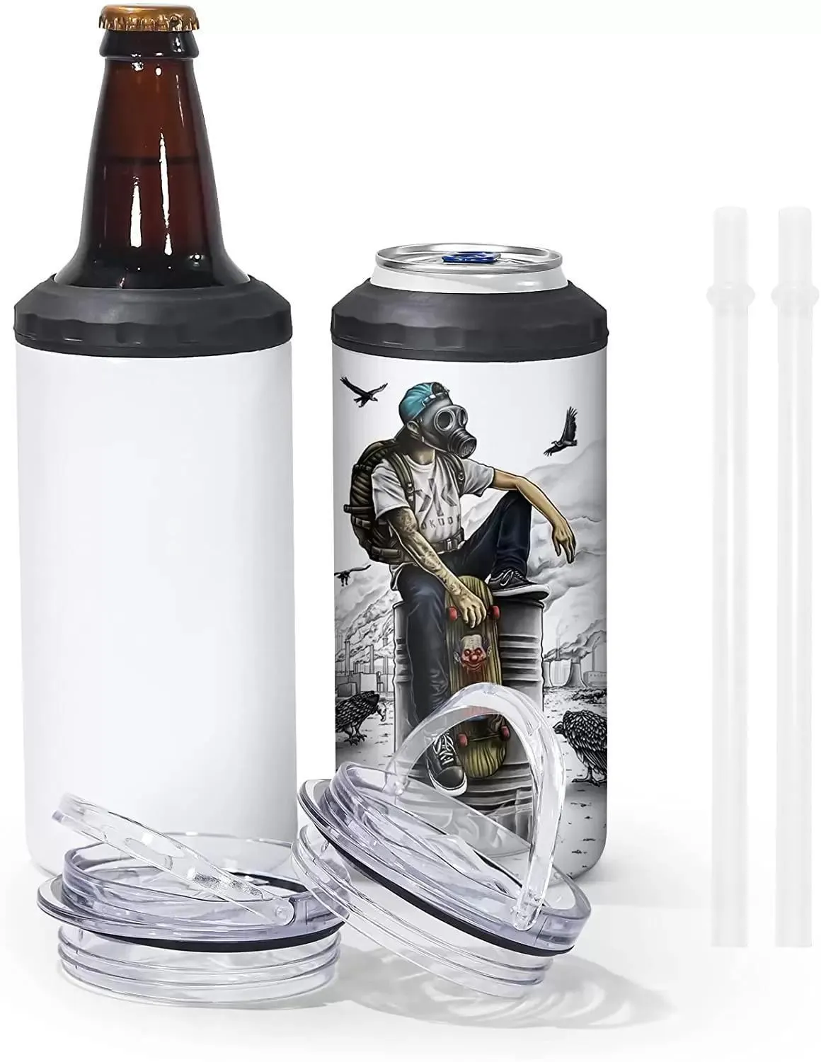 16OZ Sublimation Can Cooler Tumblers Blanks 4-in-1 Can Insulator Adapter with Leack-Proof Lid & Plastic Straw, Stainless Steel Cooler H0420