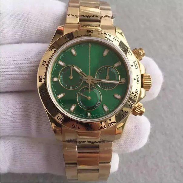 KT Luxury Watches 116508 40mm Mechanical Automatic Green Dial Sapphire Glass Yellow Gold Aço inoxidável Pulseira de aço masculino Os relógios de pulso masculinos
