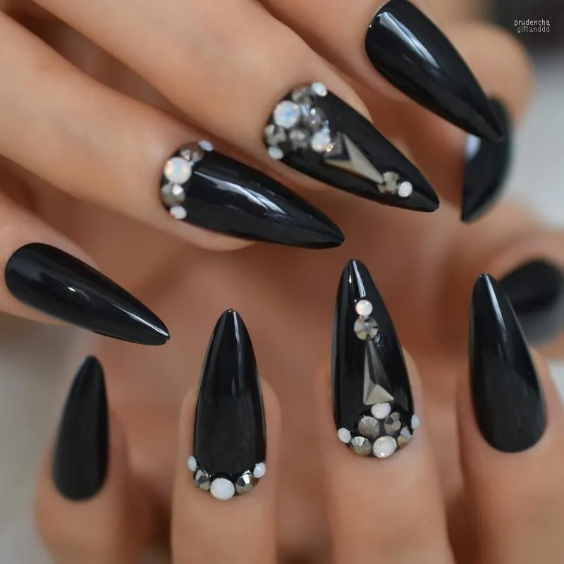 Medium Rhinestone Acrylic Nails Stiletto Black Black Design, Full Cover,  Sharp Glossy Finish For Tarered Artifical Dark Decoration Prud22 From  Prudencha, $35.79