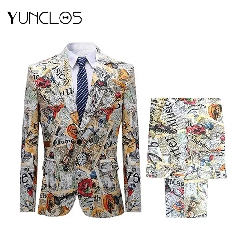 Yunclos erkek 2 adet takım elbise renkli baskı ceket pantolon parti bir toka erkek takım elbise tuexdo traje ince fit hombre moda grafiti 201106