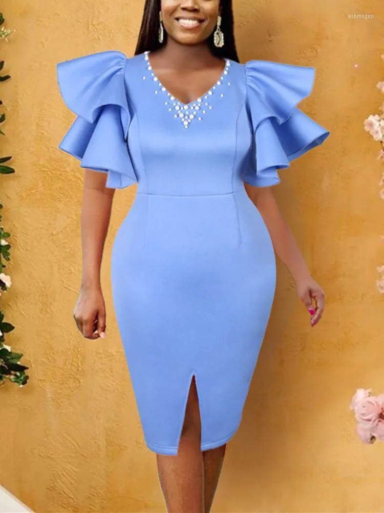 Plus Size Kleider Frauen Korsett Kleid Perlen Sexy V-Ausschnitt Bodycon Rüschen Kurzarm Abend Geburtstag 3XL Damen Afrikanische Sukienka Echm22