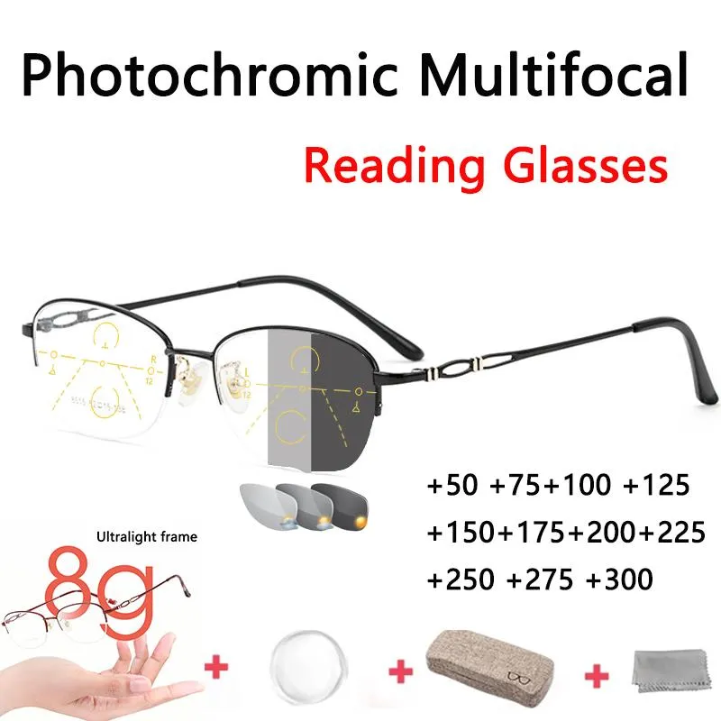 Güneş Gözlüğü Ultralight Pochromic Multifocal Okuma Gözlükleri Kılıfı ile Uzak Geçiş Okuyucu Sürüş Açık Alaşım Yarım Çerçeve Sürüş